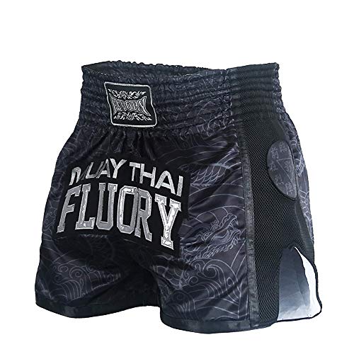 FLUORY Muay Thai Shorts, reißfeste Box-Shorts, MMA Fight Kick Kleidung für Männer Frauen Kinder Kampfsport Training Grappling-Schwarz-mtsf69-XS von FLUORY
