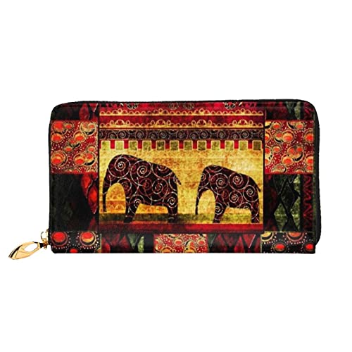 Afrikanischer Elefant Patchwork Damen Leder Geldbörse, große Kapazität Kreditkartenhalter Handy-Handgelenkschlaufe Geldbörse (7,48 x 4,13), Schwarz, Einheitsgröße, Schwarz , Einheitsgröße von FLUQX