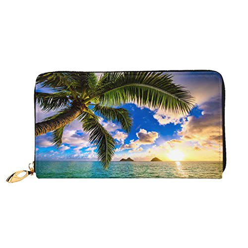 Beautiful Sunrise Ocean Damen Leder Geldbörse, große Kapazität, Kreditkartenhalter, Handy-Handgelenkschlaufe, Geldbörse (7,48 x 4,13), Schwarz, Einheitsgröße, Schwarz , Einheitsgröße von FLUQX