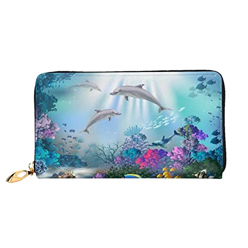 Blue Ocean Unterwasserfisch Damen Ledergeldbörse, große Kapazität, Kreditkartenhalter, Handy-Handgelenkschlaufe, Geldbörse (19 x 10 cm), Schwarz, Einheitsgröße, Schwarz, Schwarz , Einheitsgröße von FLUQX