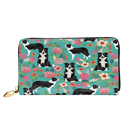 Border Collie Florals Damen-Geldbörse, Leder, große Kapazität, Kreditkartenhalter, Handy-Handgelenkschlaufe, Geldbörse (7,48 x 4,13), Schwarz, Einheitsgröße, Schwarz , Einheitsgröße von FLUQX