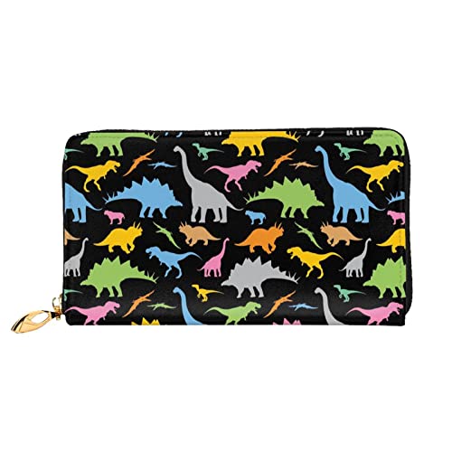 Bunte süße Tier-Dinosaurier-Damen-Ledergeldbörse, großes Fassungsvermögen, Kreditkartenhalter, Handy-Handgelenkschlaufe, Geldbörse (19 x 10 cm), Schwarz, Einheitsgröße, Schwarz , Einheitsgröße von FLUQX