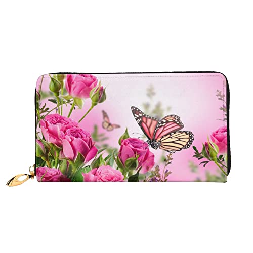 Butterfly Kissing Flowers Damen Leder Geldbörse, Große Kapazität Kreditkartenhalter Handy-Handgelenkschlaufe Geldbörse (7,48 x 4,13), Schwarz, Einheitsgröße, Schwarz , Einheitsgröße von FLUQX