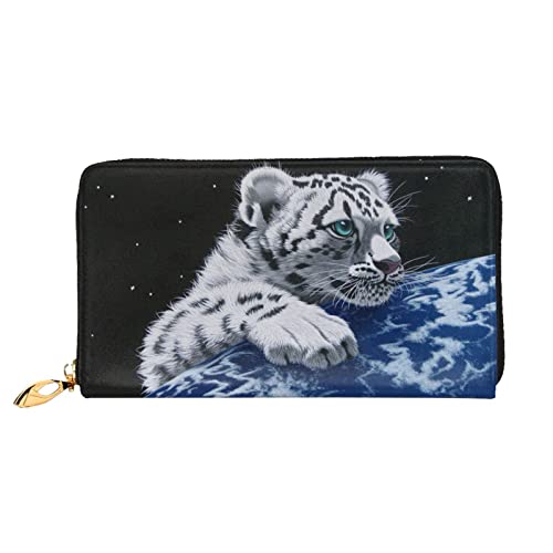 Little Tiger In Space Damen-Geldbörse aus Leder, große Kapazität, Kreditkartenhalter, Handy-Handgelenkschlaufe, Geldbörse (7,48 x 4,13), Schwarz, Einheitsgröße, Schwarz , Einheitsgröße von FLUQX