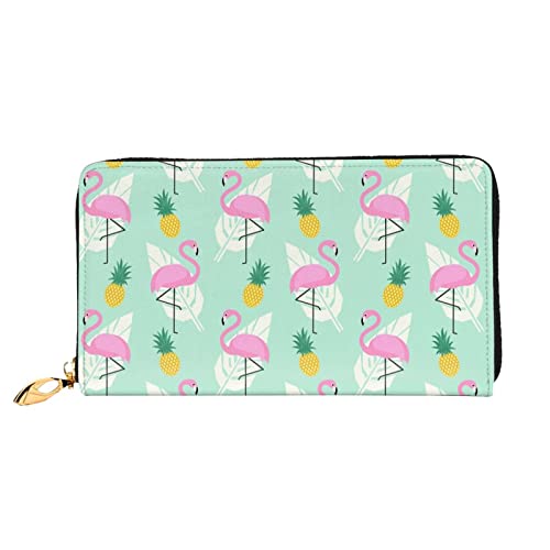 Pink Flamingo Ananas Damen Leder Geldbörse, große Kapazität, Kreditkartenhalter, Handy-Handgelenkschlaufe, Geldbörse (7,48 x 4,13), Schwarz, Einheitsgröße, Schwarz, Einheitsgröße, Schwarz , Einheitsgröße von FLUQX