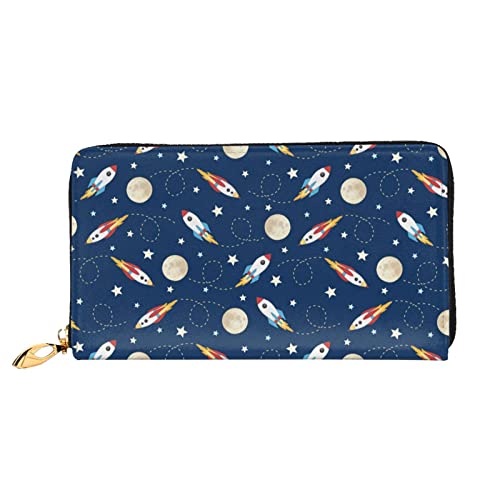 Rocket In Space Damen-Geldbörse aus Leder, große Kapazität, Kreditkartenhalter, Handy-Handgelenkschlaufe, Geldbörse (7,48 x 4,13), Schwarz, Einheitsgröße, Schwarz , Einheitsgröße von FLUQX