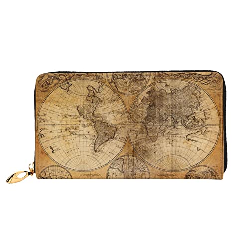 Vintage Old World Map Damen Leder Geldbörse, große Kapazität, Kreditkartenhalter, Handy-Handgelenkschlaufe, Geldbörse (7,48 x 4,13), Schwarz, Einheitsgröße, Vintage, Schwarz , Einheitsgröße, Vintage von FLUQX