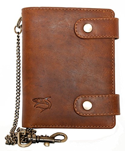 FLW Herren Biker Naturleder Geldbörse mit Einer Metallkette mit einem Hai von FLW