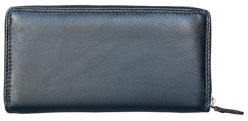 FLW Schwarze Damen-Geldbörse mit durchgehendem Reißverschluss aus weichem Leder mit Datenschutz (RFID) von FLW