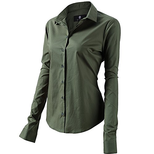 FLY HAWK Bluse Hemdbluse Damen Hemd Basic Kent-Kragen Elegant OL Work Slim Fit Langarm Stretch Formelle Hemden,Armee Grün, Größe 34, Hersteller - 6 von FLY HAWK