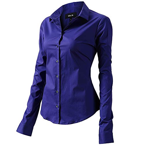 FLY HAWK Bluse Hemdbluse Damen Hemd Basic Kent-Kragen Elegant OL Work Slim Fit Langarm Stretch Formelle Hemden,Blau, Größe 34, Hersteller - 6 von FLY HAWK