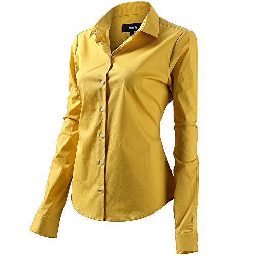 FLY HAWK Bluse Hemdbluse Damen Hemd Basic Kent-Kragen Elegant OL Work Slim Fit Langarm Stretch Formelle Hemden,Gelb, Größe 42, Hersteller - 14 von FLY HAWK