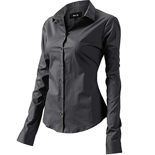 FLY HAWK Bluse Hemdbluse Damen Hemd Basic Kent-Kragen Elegant OL Work Slim Fit Langarm Stretch Formelle Hemden,Grau, Größe 34, Hersteller - 6 von FLY HAWK