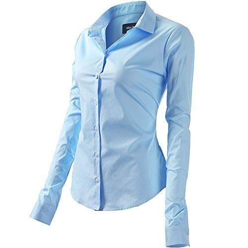 FLY HAWK Bluse Hemdbluse Damen Hemd Basic Kent-Kragen Elegant OL Work Slim Fit Langarm Stretch Formelle Hemden,Hellblau, Größe 52, Hersteller - 24 von FLY HAWK