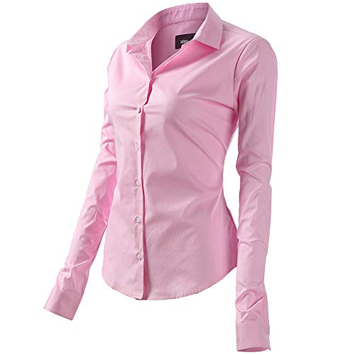 FLY HAWK Bluse Hemdbluse Damen Hemd Basic Kent-Kragen Elegant OL Work Slim Fit Langarm Stretch Formelle Hemden,Rosa, Größe 34, Hersteller - 6 von FLY HAWK