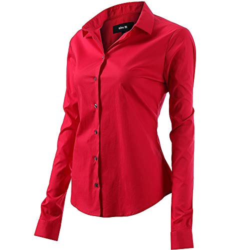 FLY HAWK Bluse Hemdbluse Damen Hemd Basic Kent-Kragen Elegant OL Work Slim Fit Langarm Stretch Formelle Hemden,Rot, Größe 48, Hersteller - 20 von FLY HAWK