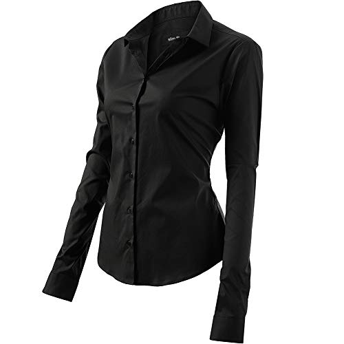 FLY HAWK Bluse Hemdbluse Damen Hemd Basic Kent-Kragen Elegant OL Work Slim Fit Langarm Stretch Formelle Hemden,Schwarz, Größe 44, Hersteller - 16 von FLY HAWK