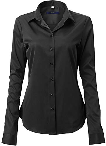 FLY HAWK Damen Hemd Bluse Basic Bambusfaser Hemdbluse Slim Fit Arbeitshemden Langarm Stretch Hemden Freizeit Business Elegant Hemd Größe 34 bis 52,Schwarz,44 (UK 16) von FLY HAWK