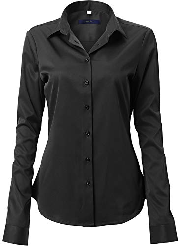 FLY HAWK Damen Hemd Bluse Basic Bambusfaser Hemdbluse Slim Fit Arbeitshemden Langarm Stretch Hemden Freizeit Business Elegant Hemd Größe 34 bis 52,Schwarz,46 (UK 18) von FLY HAWK