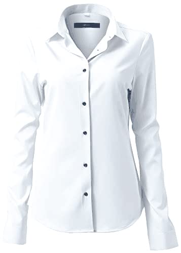 FLY HAWK Damen Hemd Bluse Basic Bambusfaser Hemdbluse Slim Fit Arbeitshemden Langarm Stretch Hemden Freizeit Business Elegant Hemd Größe 34 bis 52 (Weiß1-18, EU46) von FLY HAWK