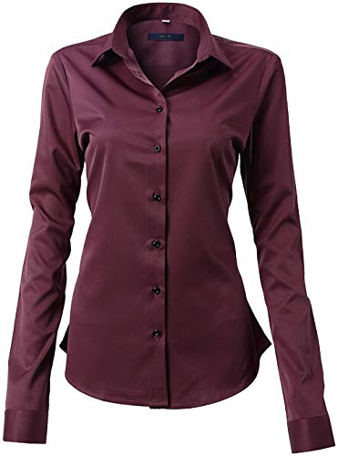 FLY HAWK Damen Hemd Bluse Basic Bambusfaser Hemdbluse Slim Fit Arbeitshemden Langarm Stretch Hemden Freizeit Business Elegant Hemd Größe 34 bis 52,Dunkelrot,50 (UK 22) von FLY HAWK