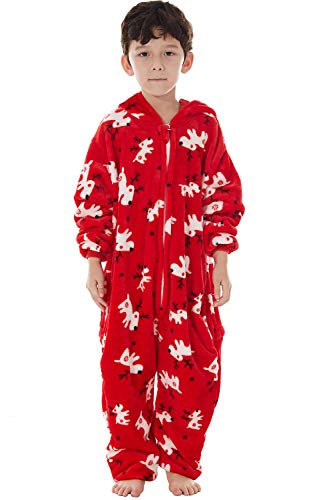 FLY HAWK Jumpsuit Familie Pyjama Set kuschelige Schlafoverall Nachtwäsche Flanell Onesie Anzug Herren Damen Pet Tier Anzug Einteiler Overall Winter Weihnachten Rot - Kind, M von FLY HAWK