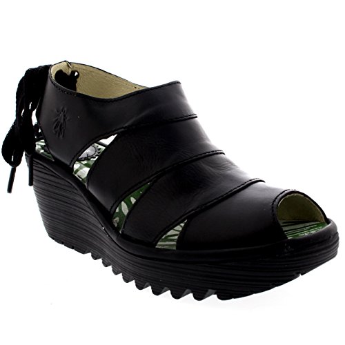 Fly London Damen Yown Rug Leder Schnüren Peep Toe Keilabsatz Sandalen - Schwarz - 42 von FLY London