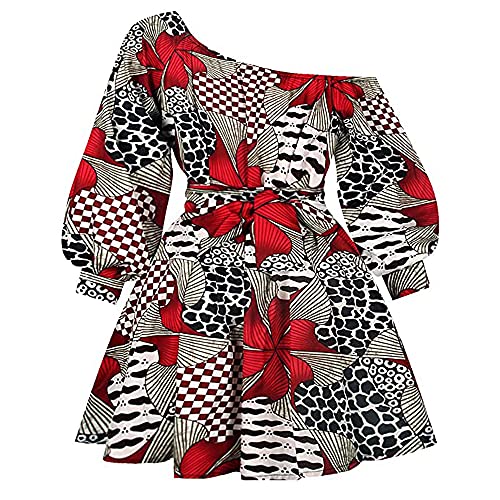 Damen Afrikanisches Langarm Schulterfrei Kleid Cocktail African Retro Rockabilly Sexy Einzelne Schulter Neck Blumen Drucken Rock von FLYFISH