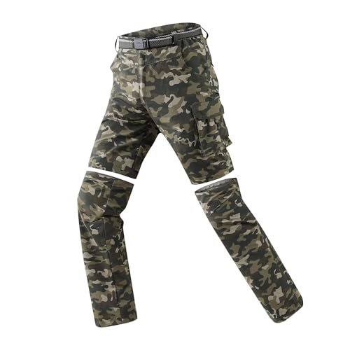 FLYGAGA Herren Outdoorhose Wanderhose Zip Off Hose Abnehmbare Hosebeine Shorts Sommer mit Gürtel Leichte Schnelltrocknend Atmungsaktiv Funktions Trekking Klassischer Cargohose Stil,Camo Grün,34W/32L von FLYGAGA