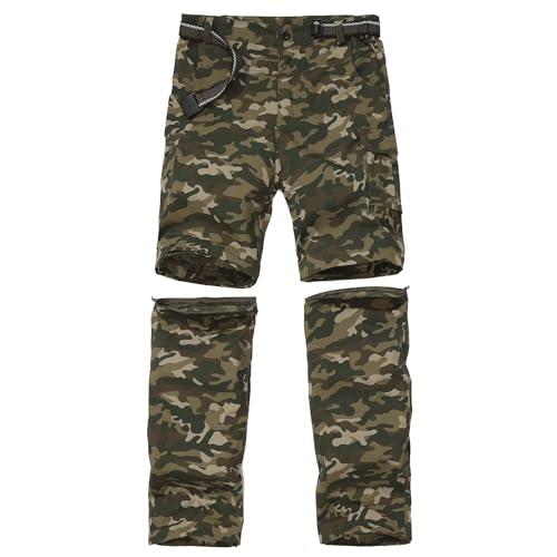 FLYGAGA Kinder Outdoorhose Wanderhose Zip Off Hose abnehmbare hosebeine Shorts Trekkinghose Unisex Jugend Mädchen Sommer mit Gürtel Schnelltrocknend Atmungsaktiv,Camo Grün,XL von FLYGAGA