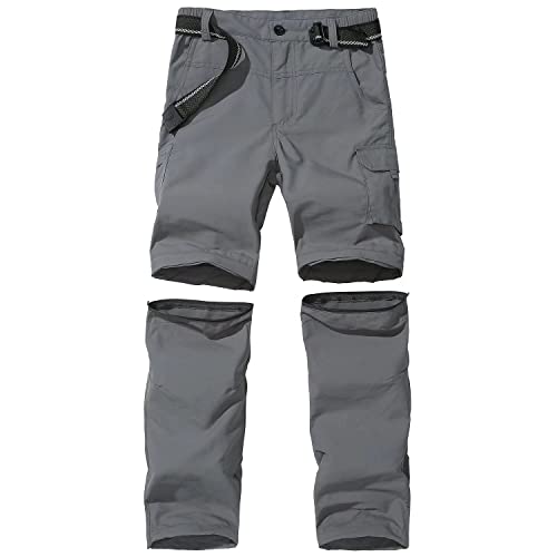FLYGAGA Kinder Outdoorhose Wanderhose Zip Off Hose abnehmbare hosebeine Shorts Trekkinghose Unisex Jugend Mädchen Sommer mit Gürtel Schnelltrocknend Atmungsaktiv,Grau,S von FLYGAGA