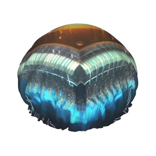 Computerprozessor mit magischem Lichtdruck Duschhaube für Damen und Herren, wiederverwendbare doppellagige Stoff-Badekappe Mädchen Haarkappen von FLYIFE