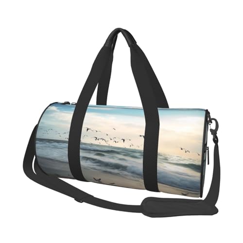 Der Strand mit Meeresvögeln bedruckte Reisetasche aus Segeltuch – Turnbeutel mit großer Kapazität für Wochenend- und Geschäftsreisen, Schwarz , Einheitsgröße von FLYIFE