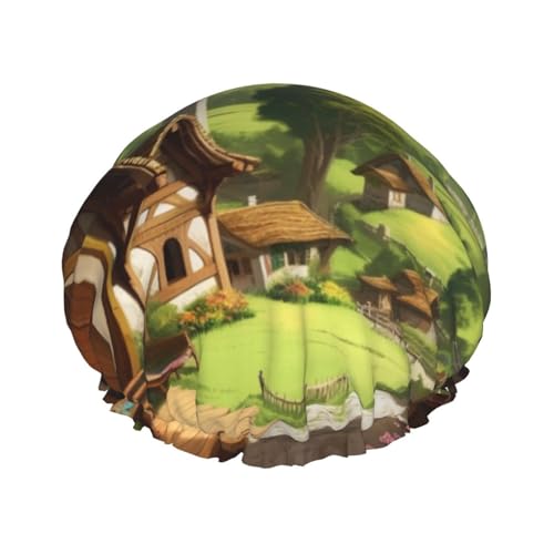 Duschhaube mit schönem Dorfdruck, für Damen und Herren, wiederverwendbar, doppellagig, Stoff, Badekappe für Mädchen Duschhaube mit schönem Dorfdruck, für Damen und Herren, wiederverwendbar, doppellagig, Stoff, Badekappe für Mädchen von FLYIFE