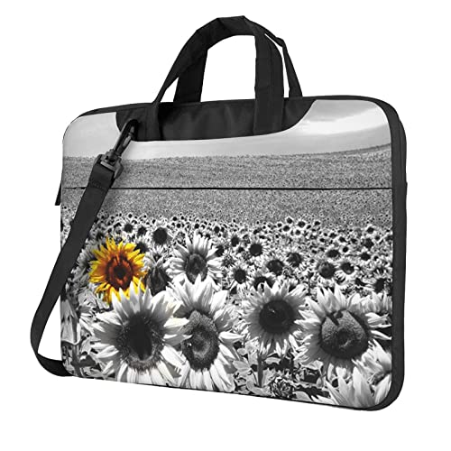 Elegante Laptop-Umhängetasche mit violettem Blumendruck, Kuriertasche, Aktentasche, Computertasche, Tasche für Damen und Herren, Schwarz-weiße Sonnenblumen., 13 inch von FLYIFE