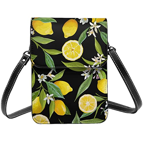 FLYIFE Crossbody-Tasche mit Klappe, Motiv: gelbe Zitrone, tragbare Leder-Handytasche, Geldbörse, kleine Umhängetasche für Mädchen und Frauen, Schwarz , Einheitsgröße von FLYIFE