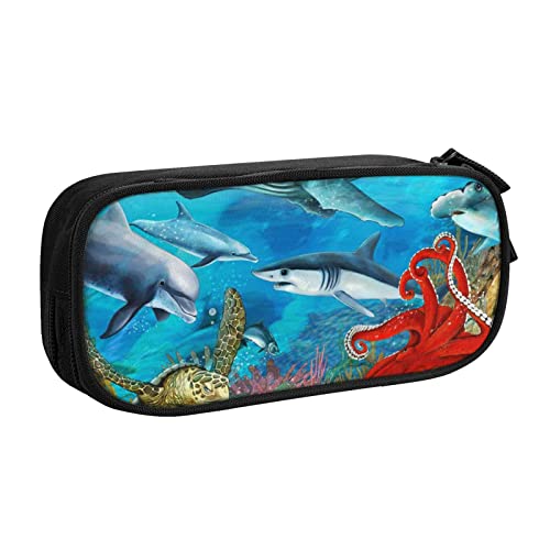 FLYIFE Delfine Sea Turtle Shark Octopus Coral Reef Große Federtasche mit 2 Fächern Federmäppchen Federmäppchen Federmäppchen Tasche Organizer für Mädchen Jungen Student Schule Büro College -, Schwarz , Einheitsgröße, Schulranzen von FLYIFE