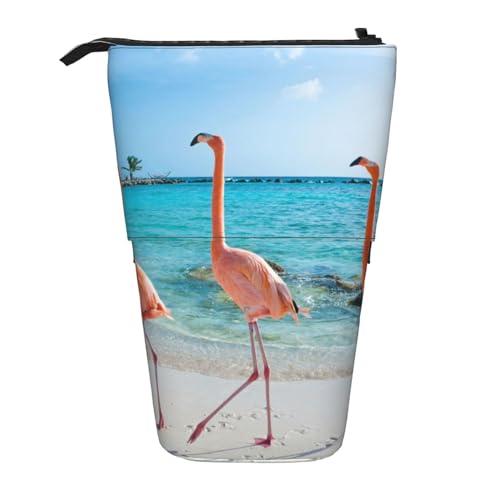 FLYIFE Federmäppchen, Motiv: Flamingo am Strand, bedruckt, Teleskop-Stifttasche, niedliches Federmäppchen mit Stifthalter und Make-up-Tasche für Studenten, Schule, Büro, Universität von FLYIFE