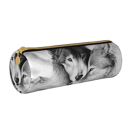 FLYIFE Federmäppchen aus Leder, rund, mit Reißverschluss, Motiv: Wolf in Schwarz und Weiß, für Studenten, Schule, Büro, Universität, Schwarzer und weißer Wolf, Einheitsgröße, Schulranzen von FLYIFE
