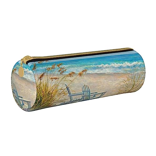FLYIFE Federmäppchen aus Leder mit Pfauenmuster, rund, für Mädchen und Jungen, mit Reißverschluss, Stifteetui, Organizer für Studenten, Schule, Büro, Universität, Strandszene mit Stühlen, von FLYIFE