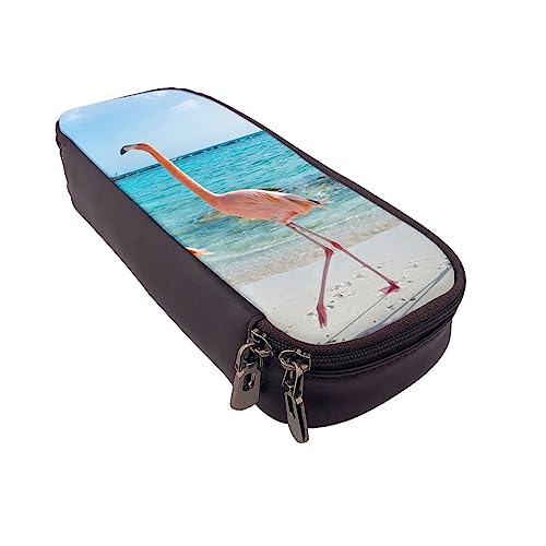 FLYIFE Federmäppchen mit Totenkopf-Motiv, Leder, Reißverschluss, Stifteetui, Klappe, Bleistifttasche, Organizer für Mädchen, Jungen, Studenten, Schule, Büro, College, Rosa Flamingo am Strand, von FLYIFE