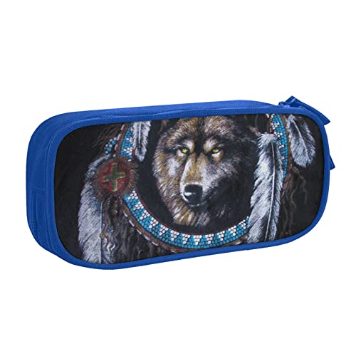 FLYIFE Indianer Wolf Große Federmäppchen mit 2 Fächern, Federmäppchen, Federmäppchen, Tasche, Organizer für Mädchen, Jungen, Studenten, Schule, Büro, College, blau, Einheitsgröße, Schulranzen von FLYIFE