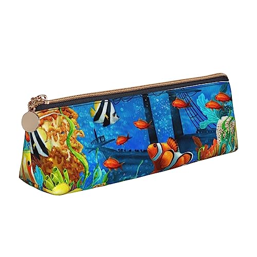 FLYIFE Lila Sternenhimmel Dreieck Leder Federmäppchen für Mädchen Jungen, Reißverschluss Bleistift Tasche Stift Tasche Organizer für Schüler Schule Büro College, The Underwater World Tropical Fish, Einheitsgröße, Schulranzen von FLYIFE