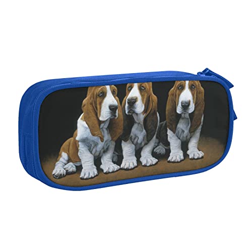 FLYIFE Niedliche Basset Hound Welpen große Federtasche mit 2 Fächern Federmäppchen Federmäppchen Bleistiftbeutel Tasche Organizer für Mädchen Jungen Student Schule Büro Universität, blau, Einheitsgröße, Schulranzen von FLYIFE