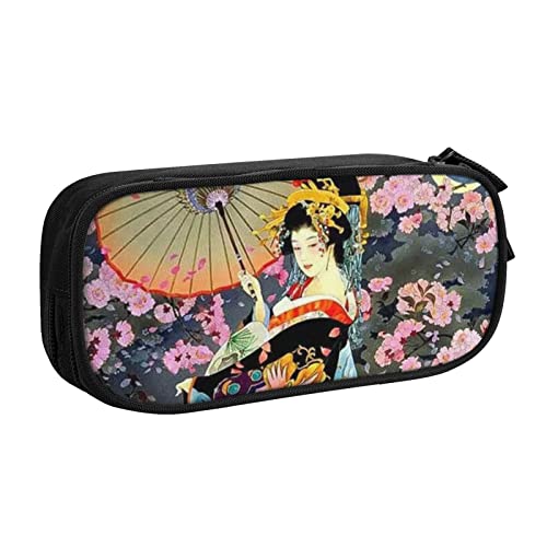 FLYIFE Retro japanische Geisha große Federmäppchen mit 2 Fächern Federmäppchen Federmäppchen Bleistiftbeutel Tasche Organizer für Mädchen Jungen Student Schule Büro College, Schwarz , Einheitsgröße, Schulranzen von FLYIFE