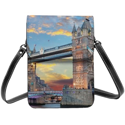 FLYIFE Tower Bridge In London bedruckte Crossbody-Tasche mit Klappe, tragbare Leder-Handytasche, Geldbörse, kleine Umhängetasche für Mädchen und Frauen, Schwarz , Einheitsgröße von FLYIFE
