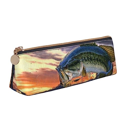 FLYIFE Vier Flamingos Dreieck Leder Federmäppchen für Mädchen Jungen, Reißverschluss Bleistift Tasche Stift Tasche Organizer für Schüler Schule Büro College, Bass Fishing Wave, Einheitsgröße, von FLYIFE