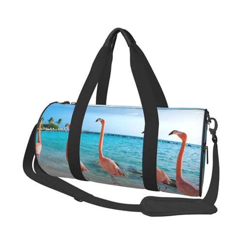 Flamingo On Beach bedruckte Reisetasche aus Segeltuch – Turnbeutel mit großer Kapazität für Wochenend- und Geschäftsreisen, Schwarz , Einheitsgröße von FLYIFE