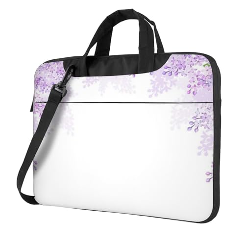 Golden Retriever bedruckte Laptop-Umhängetasche – Kuriertasche, Aktentasche, Computertasche, Tasche für Damen und Herren, Einrahmende lila Blumen in Blüten, 15.6 inch von FLYIFE