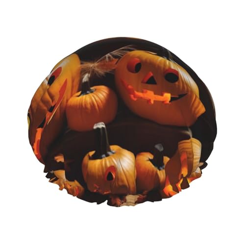 Halloween-Kürbis-Druck-Duschhaube für Damen und Herren, wiederverwendbar, doppellagig, Stoff, Badekappe für Mädchen Halloween-Kürbis-Druck-Duschhaube für Damen und Herren, wiederverwendbar, doppellagig, Stoff, Badekappe für Mädchen von FLYIFE
